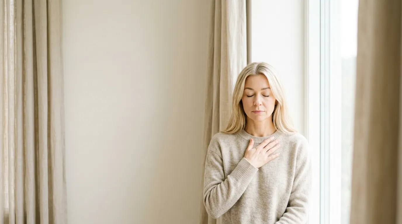 A woman sitting by the window with her hand on her chest, in warm morning light
