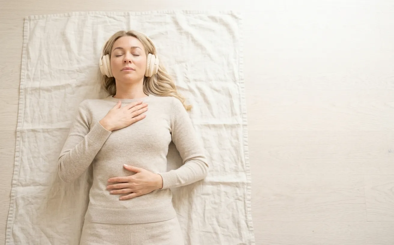 A woman lying on a light blanket with her hands on her belly, eyes closed, in soft light